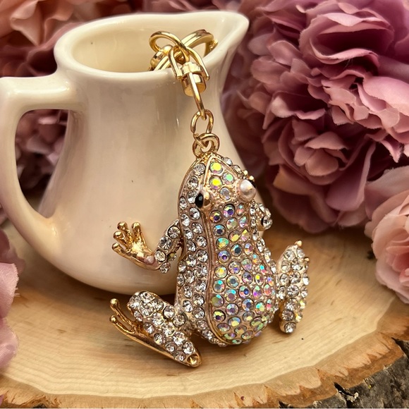 Silver & Iridescent Crystal Frog Keychain Charm - Picture 3 of 15
